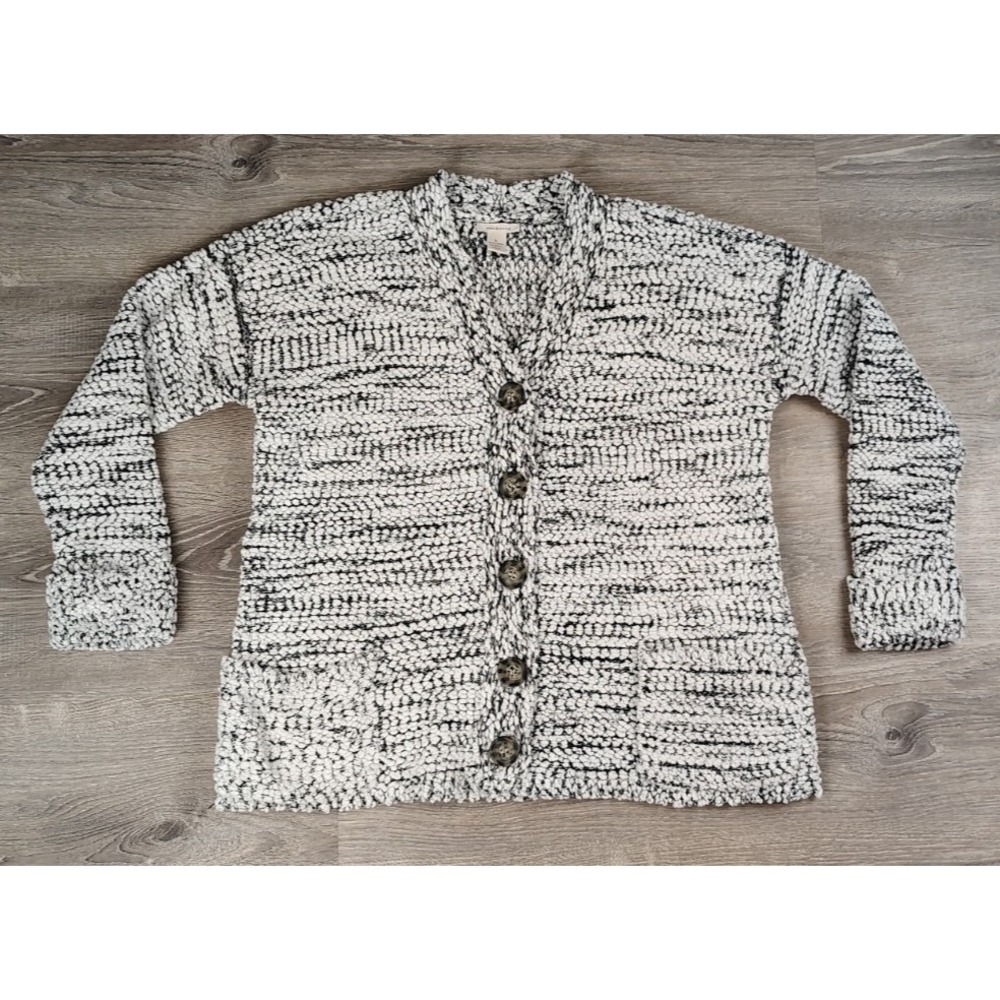 Westbound Women's Large Cardigan Button V Neck Pockets Textured Knit Black White